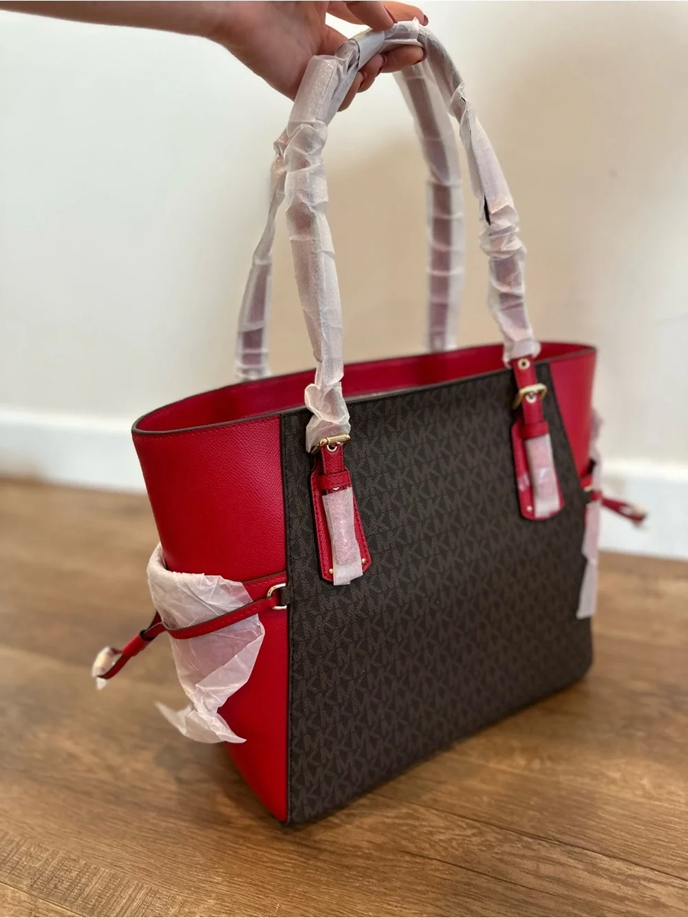 Michael Kors Brown MK Monogram Tote with Red Trim